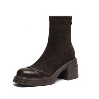 Generic Women Elastic Ankle Boots Round Toe Platform Chunky Block Heels Side Zipper Suede PU Leather Slip On Lightweight Comfortable Durable Non Slip Trendy F