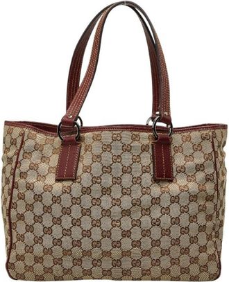 Gucci Beige Red Color Canvas Leather Handbag Tote Bag (Pre-Owned)