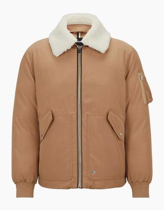 HUGO BOSS Mens Calliano Solid Patterned Shawl Collared Ribbed Cuff Aviator Jacket - Cream - Size: 40 50