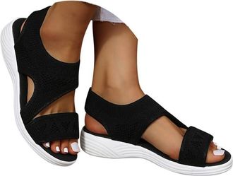 Generic Wide Fit Orthopedic Knit Sandals for Women UK with Arch Support Summer Ladies Low Wedge Slip On Sandals Casual Beach Walking Shoes Comfy Soft Soles Wa