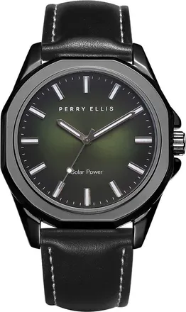 Perry Ellis Solar Powered 3-Hand Quartz Leather Strap Watch, 41mm in Gunmetal at Nordstrom Rack