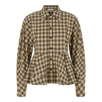 Ganni Camisa Peplum de Franela a Cuadros - Blouses & Shirts - Mujer - Beige - M