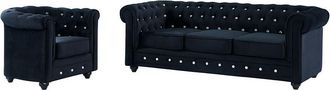 Vente-Unique Sof&aacute; 3 plazas y sill&oacute;n de terciopelo CHESTERFIELD - Negro con botones efecto cristal
