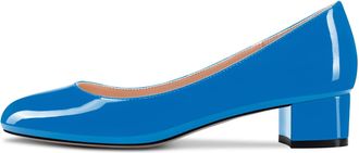 Castamere Chunky Block Low Kitten Heel Round Close Toe Pumps Court Shoe Slip-on Cute Classic Dress Shoes Blue Patent 10.5 UK