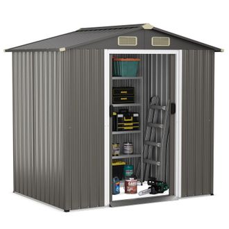 Costway Costway 6 x 4 FT Outdoor Storage Shed Galvanized Steel Shed w/ Lockable Sliding Door in Grey