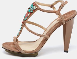 Brian Atwood Brown Suede Donasa Crystal T Strap Sandals
