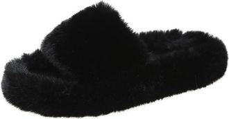 Generic Womens House Slippers Warm Faux Fur Open Toe Platform Slides Memory Foam Comfort Lightweight Winter Shoes for Indoor (Black,5.5)