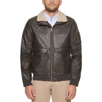 Tommy Hilfiger Mens Faux Leather Bomber Jacket, Medium Brown/Patches, M