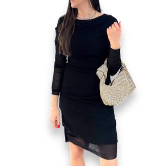Petit Pois by Viviana G Lined Uneven Mesh Pleated Dress In Black