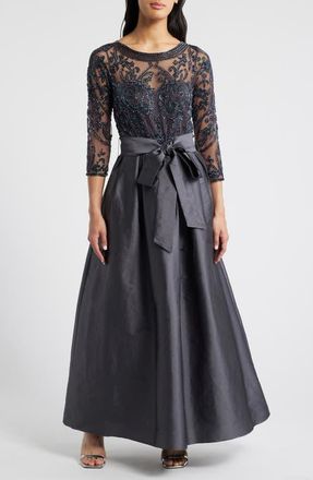 Pisarro Nights Beaded Illusion Neck Taffeta Cocktail Dress in Slate at Nordstrom, Size 14
