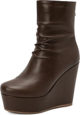 Generic Womens Platform Wedge Ultra High Heel Back Zipper Ankle Boots Fashion Pleated Slouch Shoes for Winter (Brown,7.5)