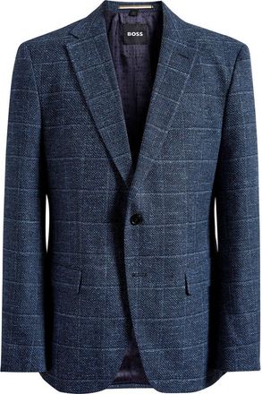 BOSS Hutson Dark Blue Windowpane Check Slub Cotton Blend Sport Coat at Nordstrom, Size 36 Regular