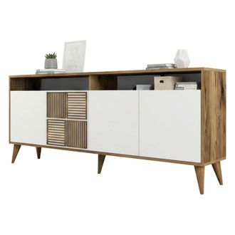 Dmora Consola Virgo, Mesa Multiusos, Gabinete De Soporte, Escritorio De Pasillo, 180x35h79 Cm, Nogal Y Blanco, Con Embalaje Reforzado - Dmora