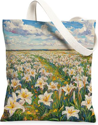 Generic Spring Daylily Flower Canvas Tote Bag for Shopping 13x15, Florals Landscape Reusable Grocery Print Bag for Women, Nature Scenic Beach Aesthetic Painti