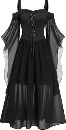 Generic Halloween Dress Women Plus Size, Vintage Lace Renaissance Medieval Victorian Gothic Dress Cold Shoulder Flutter Sleeve Retro Steampunk Costume Rockabi