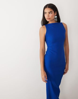 Vesper Vestito lungo accollato in bengalina color cobalto con schiena scoperta-Blu