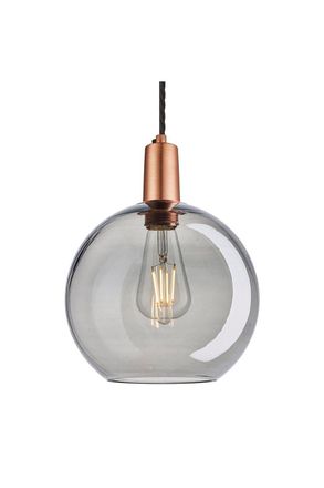Industville Sleek Tinted Glass Globe Pendant, 9 Inch, Smoke Grey, Copper Holder