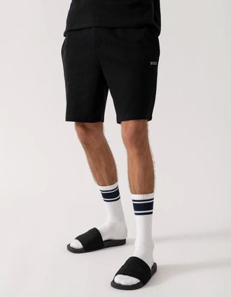 HUGO BOSS Mens BOSS Orange Waffle Mens Cotton Blend Waffle Structure Pyjama Shorts with Embroidered Logo NOS - Black 001 - Size: XL