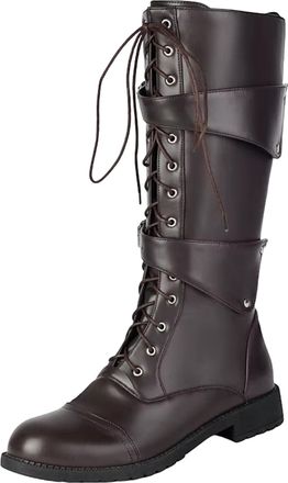 Generic Mens Retro Riding Boots Round Toe Med Heel With Zipper And Lace Up Rivets Metal Decoration Casual Knight Boots