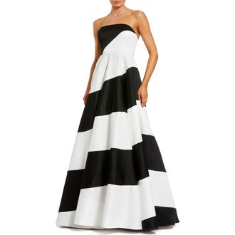 Mac Duggal Womens Colorblock Striped Satin Strapless Ballgown in Black Ivory at Nordstrom, Size 10