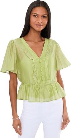 Vince Camuto V-neck Double Ruffle Buttondown Top W/ Peplum And Flutter Sleeve Womens Clothing Flora Green : 2XL, Lyocell/Polyester