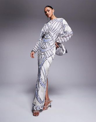 Asos Vestito lungo ad ali di pipistrello blu pallido decorato-Bianco