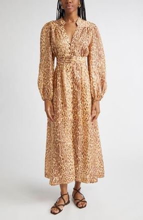 Zimmermann Cascadian Leopard Print Long Sleeve Linen Midi Dress in Tan Leopard at Nordstrom Rack, Size 1 (Fits Like 6 Us)