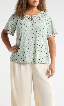 Anne Klein Dot Print Keyhole Peasant Top in Soft Aloe Multi at Nordstrom, Size 1 X