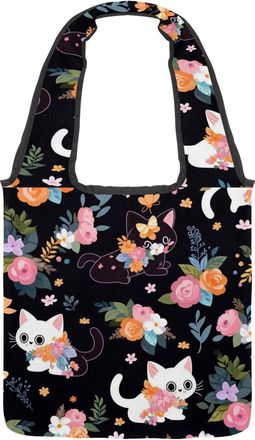 Generic Colorful Cartoon Kitten Reversible Canvas Shoulder Tote - Double-Sided Print, 12oz Cotton, 27cm Drop, Fold-Flat Bag for Travel, Shopping, Street Outin