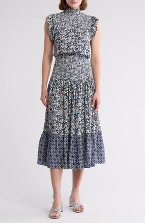 Area Stars Blue Vine Flutter Sleeve Smocked Midi Dress in Blue Vine Print at Nordstrom Rack, Size X-Small