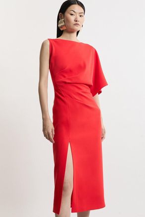 Karen Millen Womens Petite Fluid Tailored Asymmetric Sleeve Maxi Dress - Red - Size 10 UK