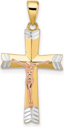 Diamond2Deal 14k Yellow Gold Yellow and Rose with White Rhodium Diamond-Cut Crucifix Pendant