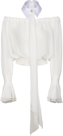 Elisabetta Franchi Voluminous Off-Shoulder Blouse with Structured Collar