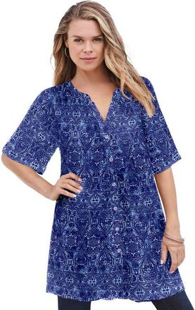 Roaman's Plus Size Angelina Crinkle Crepe Y-Neck Short Sleeve Tunic in Dusty Indigo Scroll at Nordstrom, Size 26