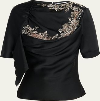 Alexander McQueen Embroidered Lace Draped Silk Top