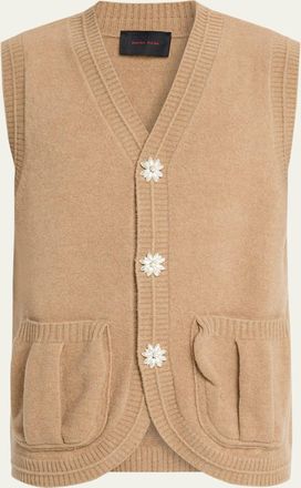 Simone Rocha Mens Virgin Wool Knit Pearly Flower-Button Cardigan Vest