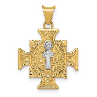 Diamond2Deal 14k Yellow Gold and White Rhodium Semi-solid St. Benedict Cross Pendant