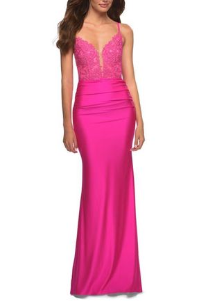 La Femme Neon Prom Dress with Beautiful Lace Bodice and Jersey Skirt in Neon Pink at Nordstrom, Size 8
