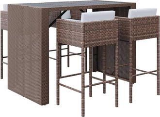 vidaXL Mesa Y Taburetes Altos Jard&iacute;n 5 Pzas Y Cojines Rat&aacute;n Pe Marr&oacute;n Vidaxl