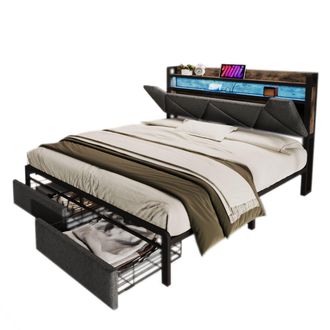STILVORA Letto Con Cassetto 160 X 200 Cm In Lino, Letto Singolo Con Cassetto, Testiera Con Spazio Di Archiviazione, Struttura Letto Con Led, Materasso Incluso,