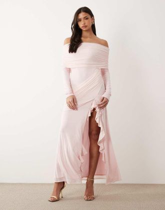 Asos Vestito lungo in rete rosa chiaro a fiori con scollo alla Bardot, drappeggio e volant