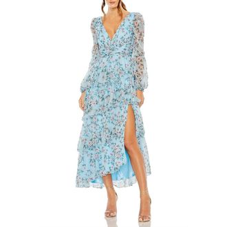 Mac Duggal Puff Sleeve Floral Printed Dress in Aqua Multi at Nordstrom, Size 16