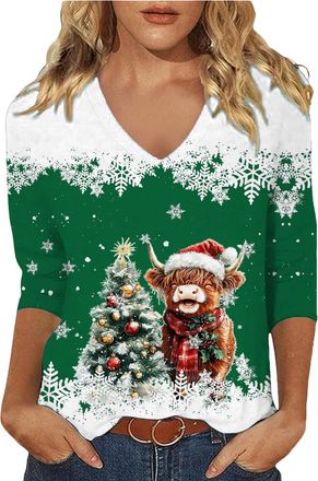 Generic Highland Cow Shirts 3/4 Length Sleeve Funny Highland Cow Tops for Women Cute Cow Shirts for Women V Neck Christmas T Shirt Highland Cow Gifts