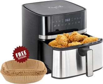 MegaChef 8.5 Quart Bundle Electric Air Fryer in Black and Stainless Steel with 125 Piece Paper Liners