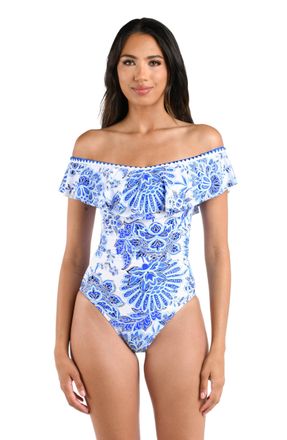 La Blanca Womens Off Shoulder Ruffle One Piece Swimsuit, Blue//Beyond The Pacific, 14