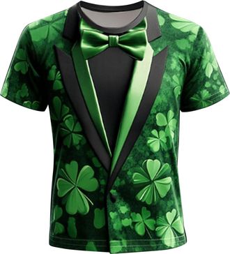 Generic St Patricks Day T Shirts Mens Shamrock Suit Tie Print Round Neck Short Sleeve Tshirt Green Blouse Sports Gym Pullover Tops St. Paddys Day Festival Clo