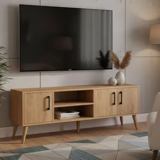 Dmora Mobile Porta Tv Brugine, Un Ripiano, 3 Ante, 2 Vani, 150x34x52h Cm Marrone Quercia
