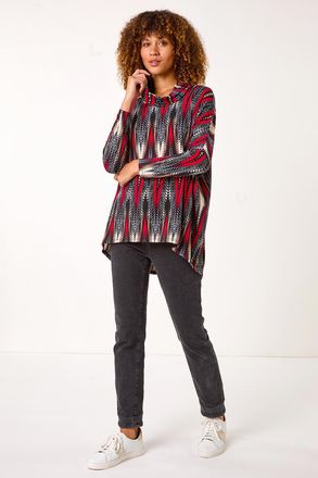 Roman Abstract Relaxed Cowl Neck Tunic Top
