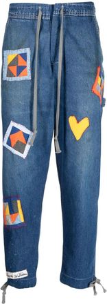 Greg Lauren patch-detail drawstring jeans - men - Linen/Flax/Cotton - 2 - Blue