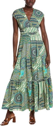Gracia Printed V Neck Cap Sleeve Tiered Maxi Dress